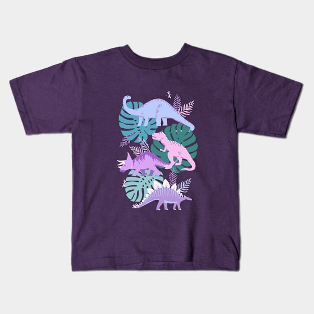 Jungle Dinosaurs - Purple Kids T-Shirt by latheandquill